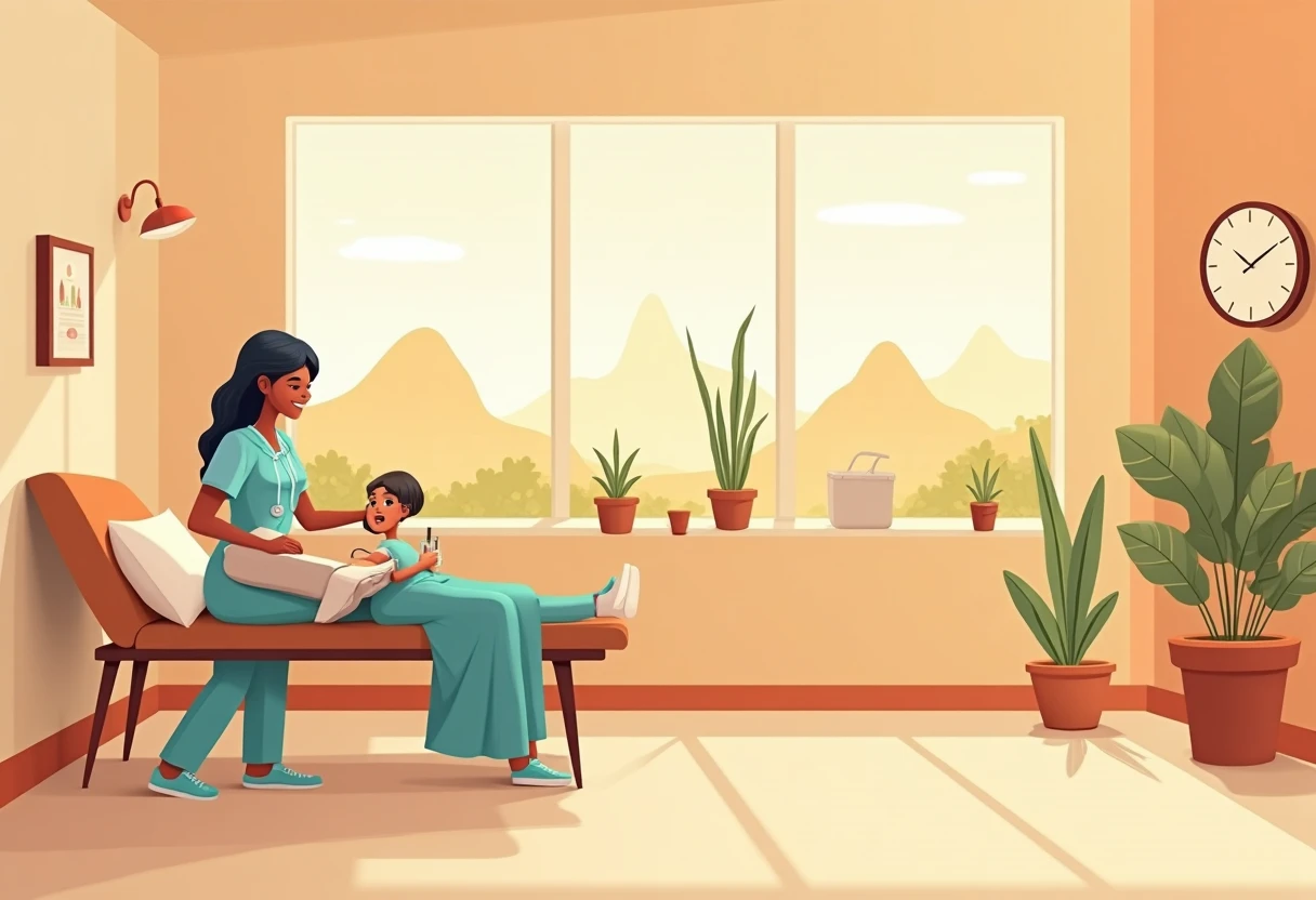 Nurse assisting patient in a clinic