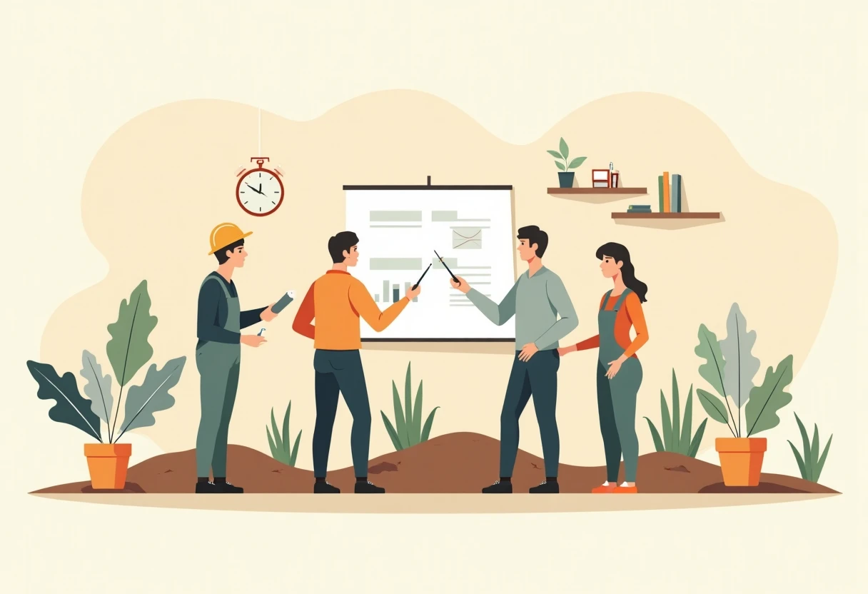 Trabalhadores da construção civil revisando projetos