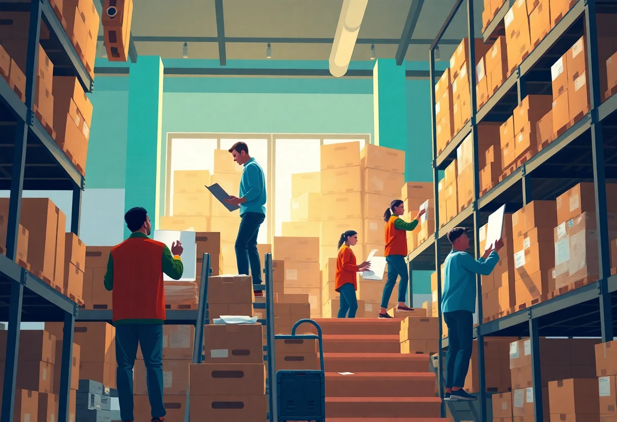 Trabajadores en un almacén moderno