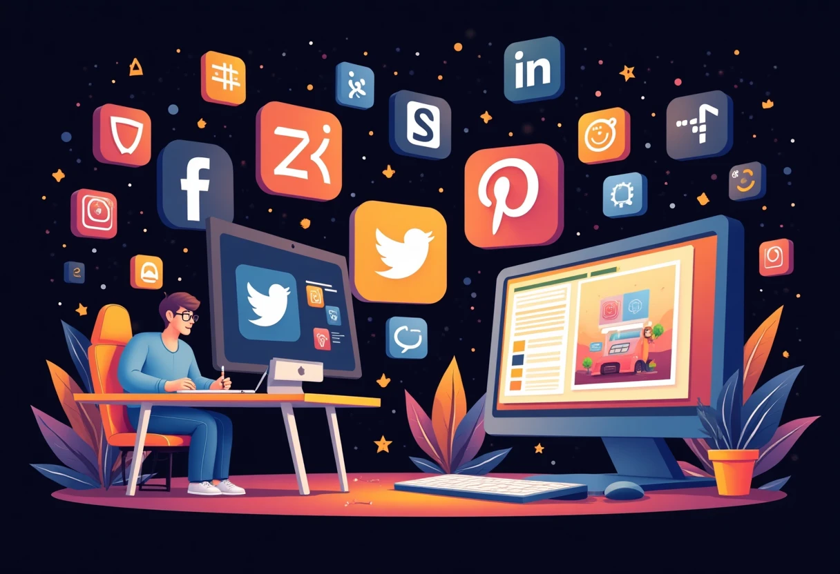 Social media app icons in a vibrant composition