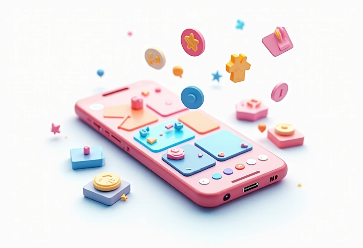 Ícones de jogos mobile em um espaço colorido