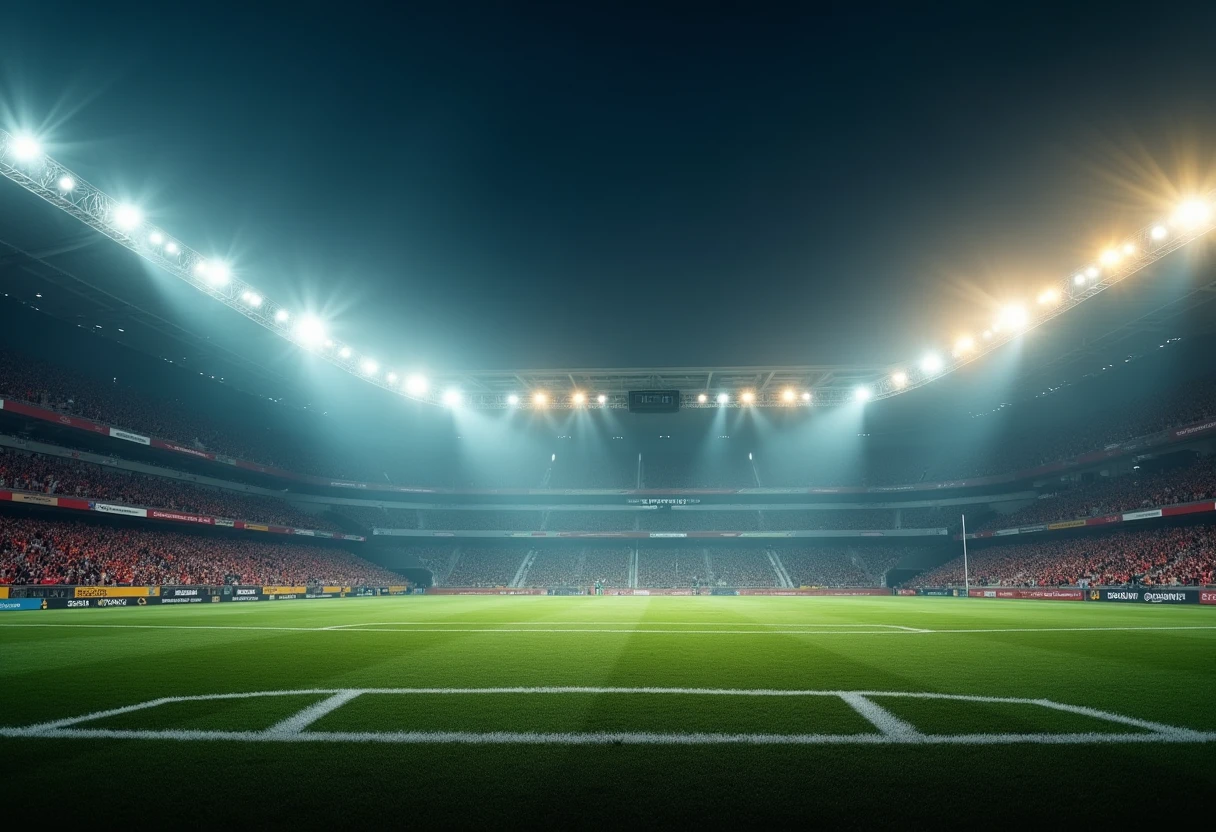 Partido de fútbol en un estadio iluminado