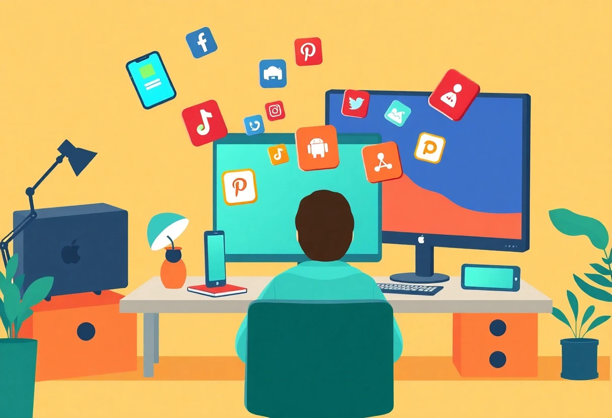 Abstract workspace with app icons