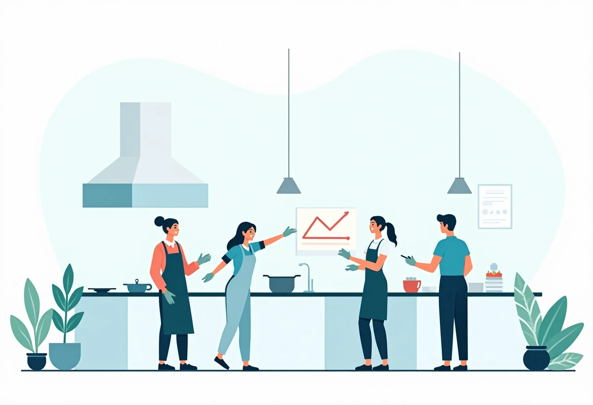 Trabajadores de hospitalidad colaborando en una cocina