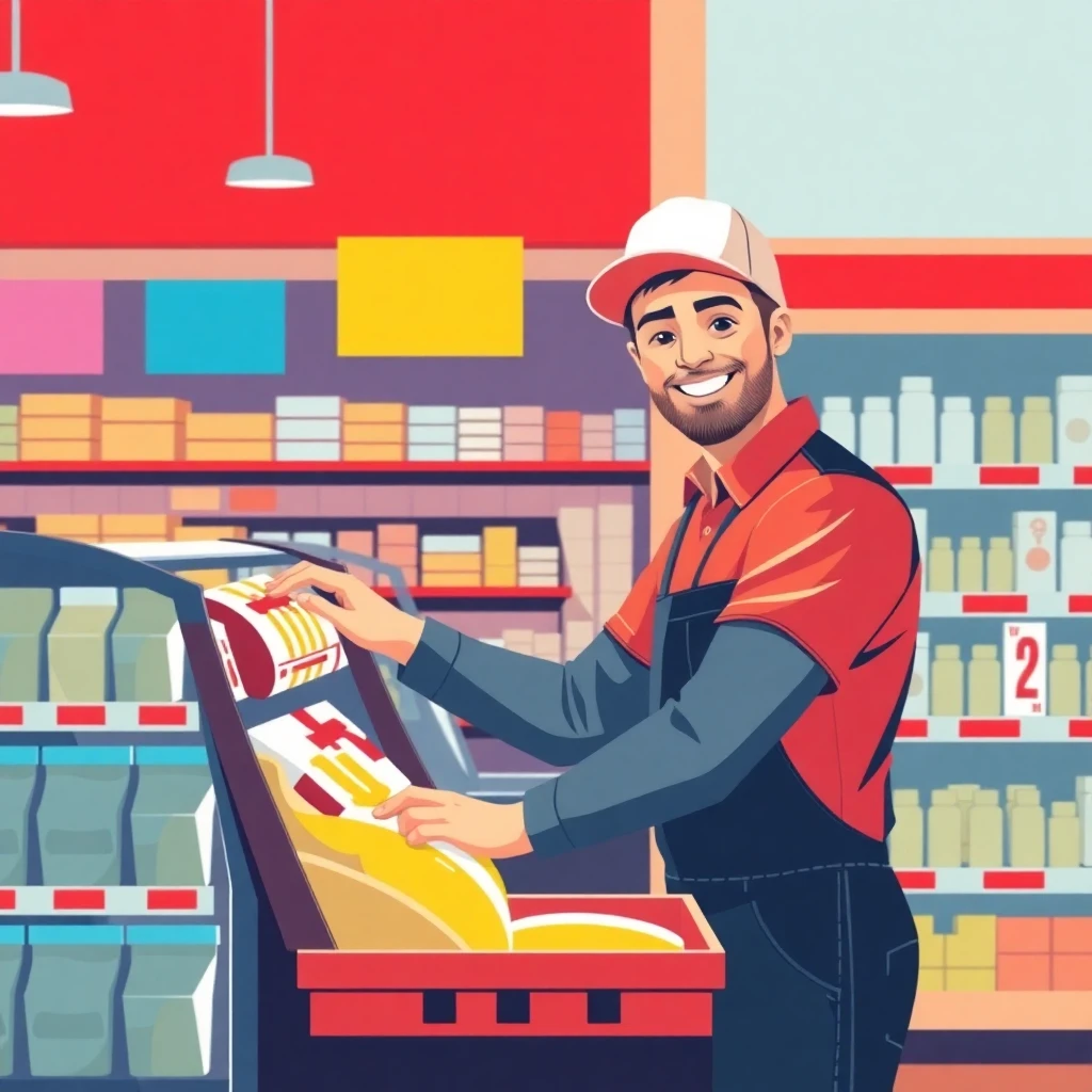 Retail worker adjusting a display