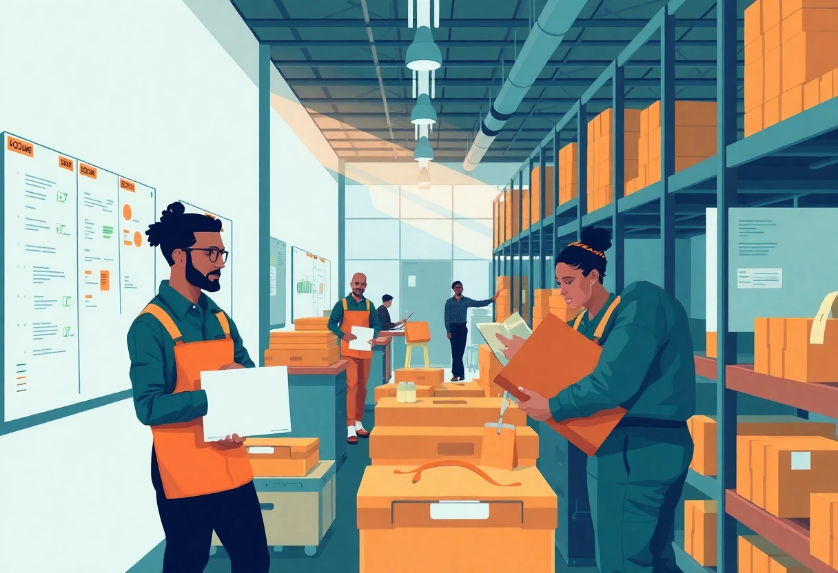 Trabajadores de almacén organizando productos