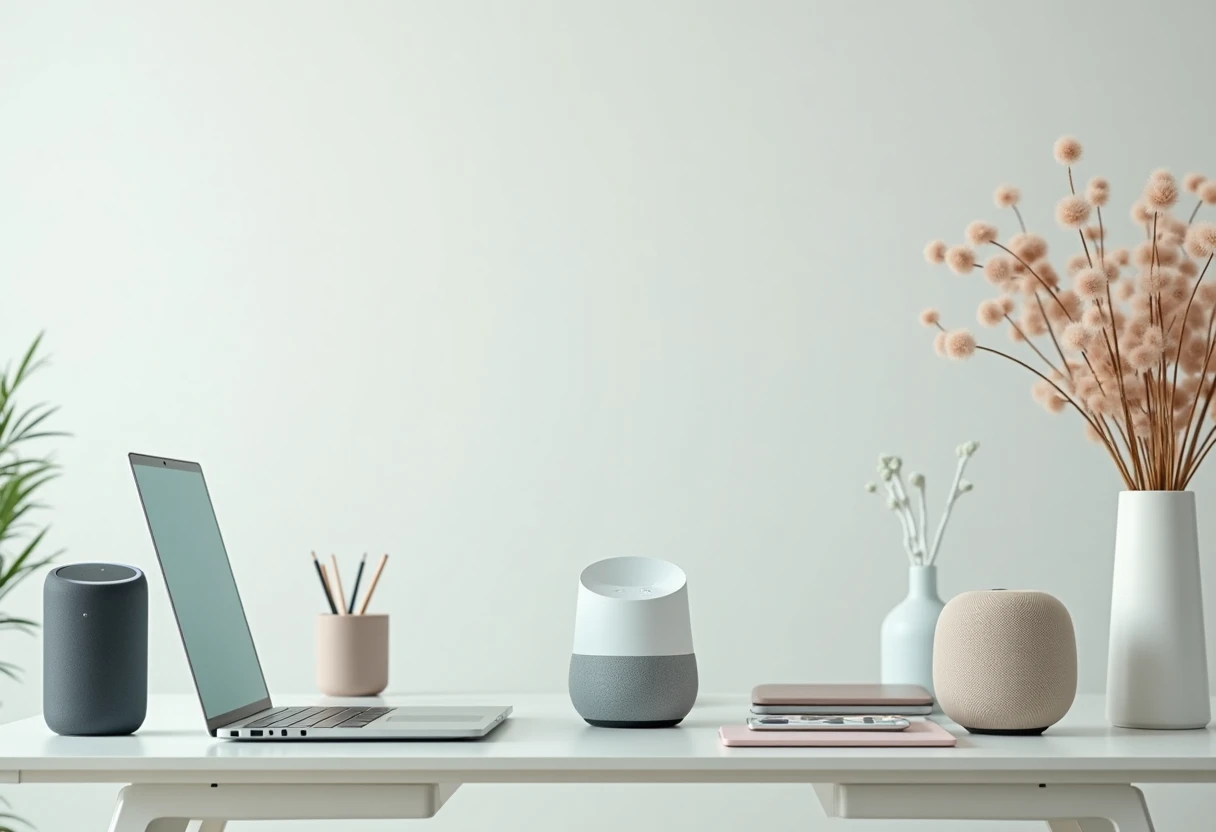 Smart Home Geräte auf einem Schreibtisch