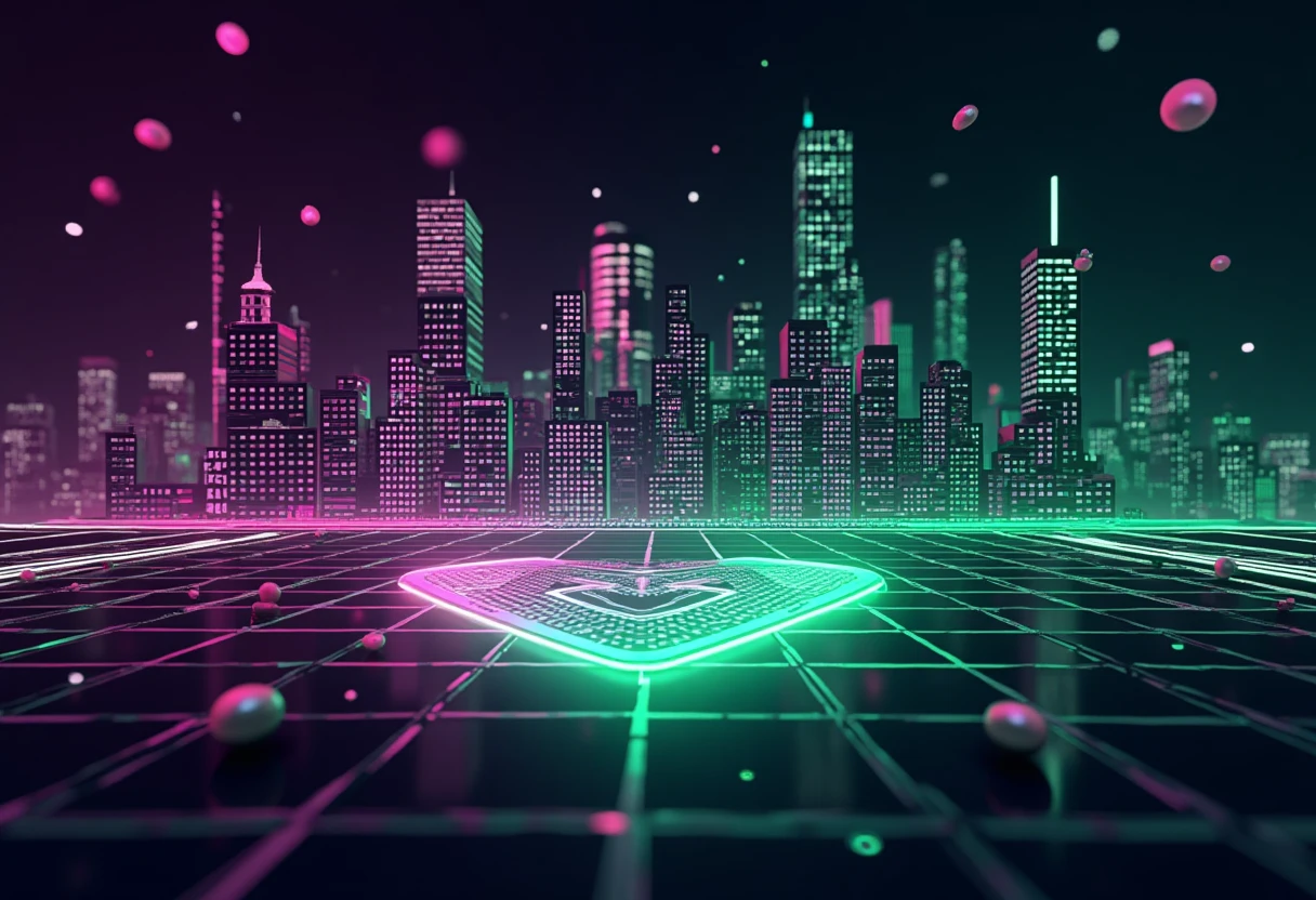 Futuristic social media app cityscape