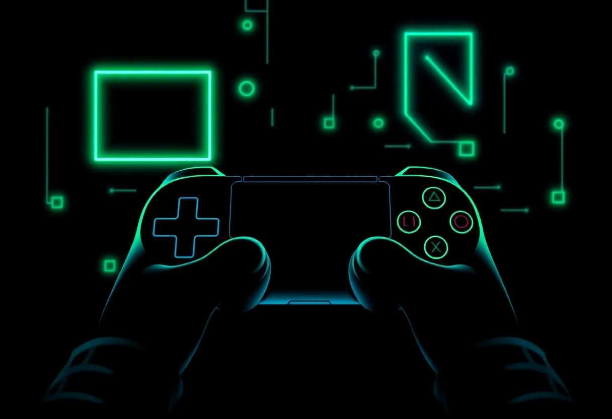 Neon gaming shapes on a dark background