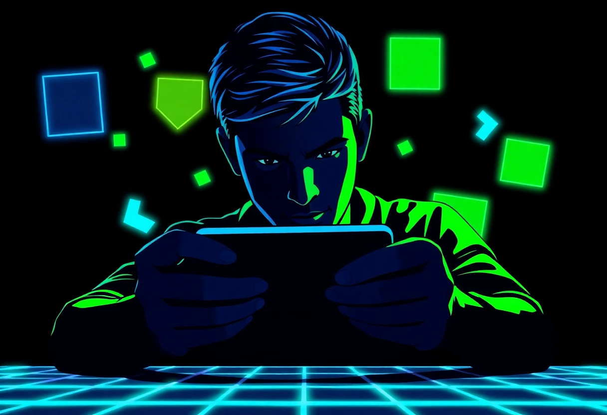 Jugando juegos móviles bajo acentos de neón