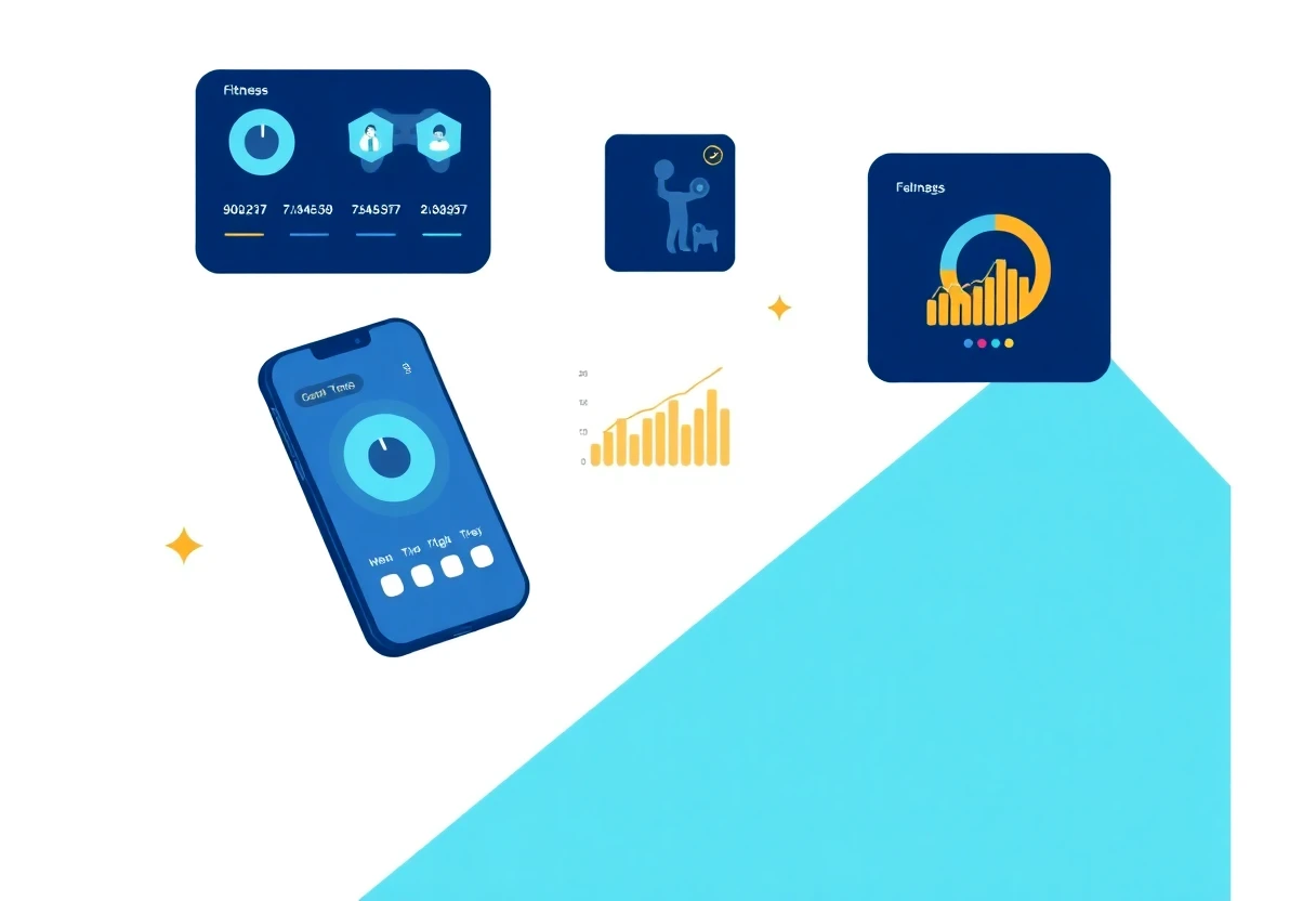 Fitness app icons and data charts