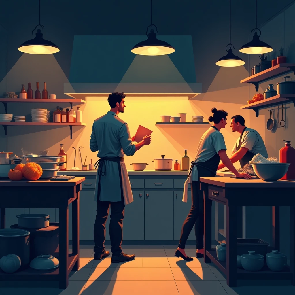 Busy hotel kitchen at night