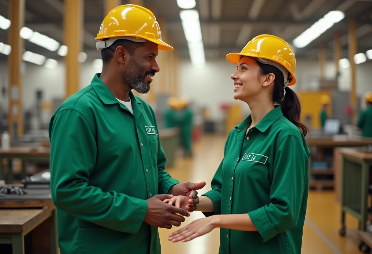 Factory workers discussing a project