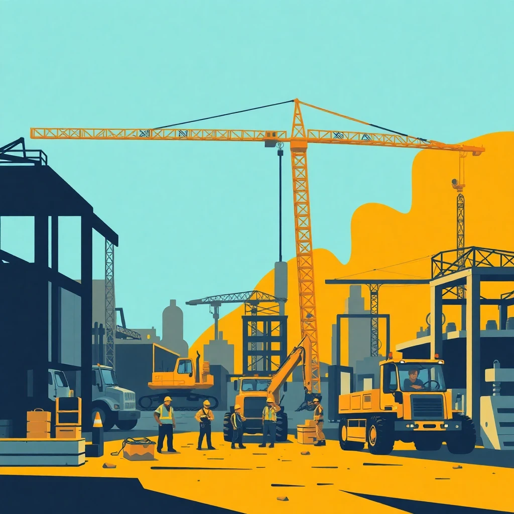 Construction site with active workers