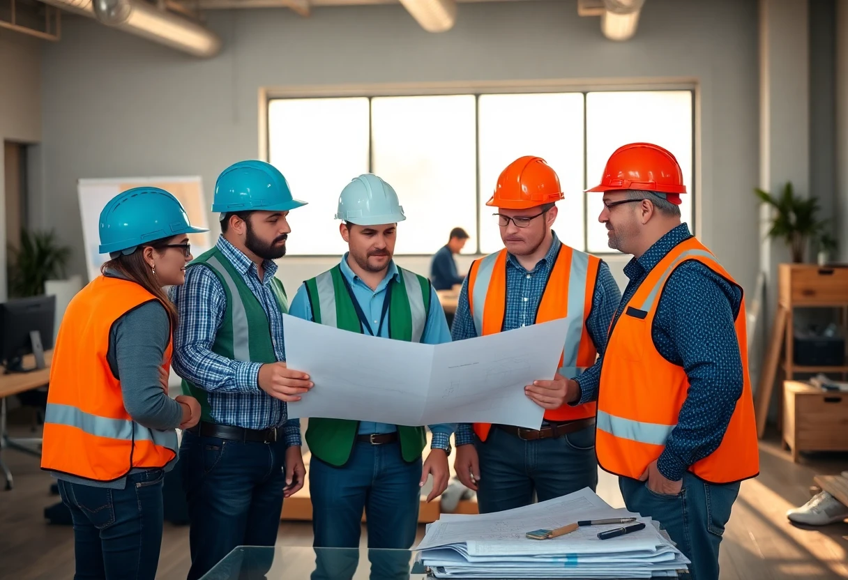 Construction workers at a blueprint