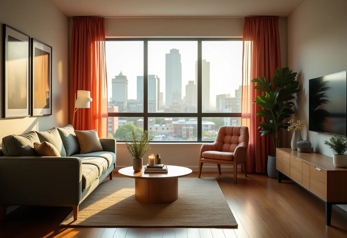 Luxury apartment interior with Dallas skyline view