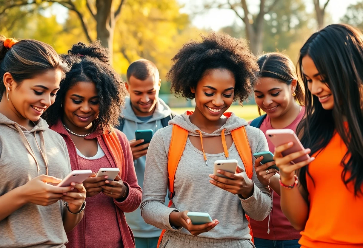 People using fitness apps in a park