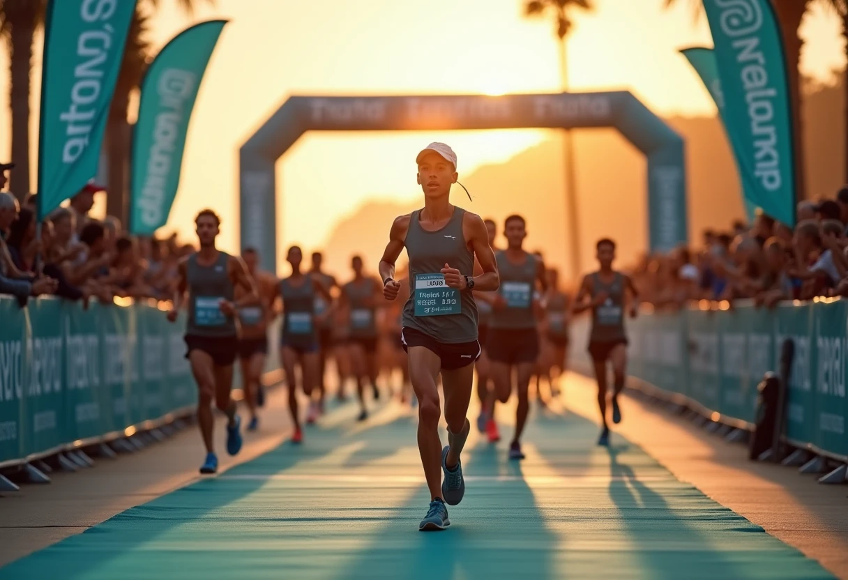 Finish line at a coastal marathon