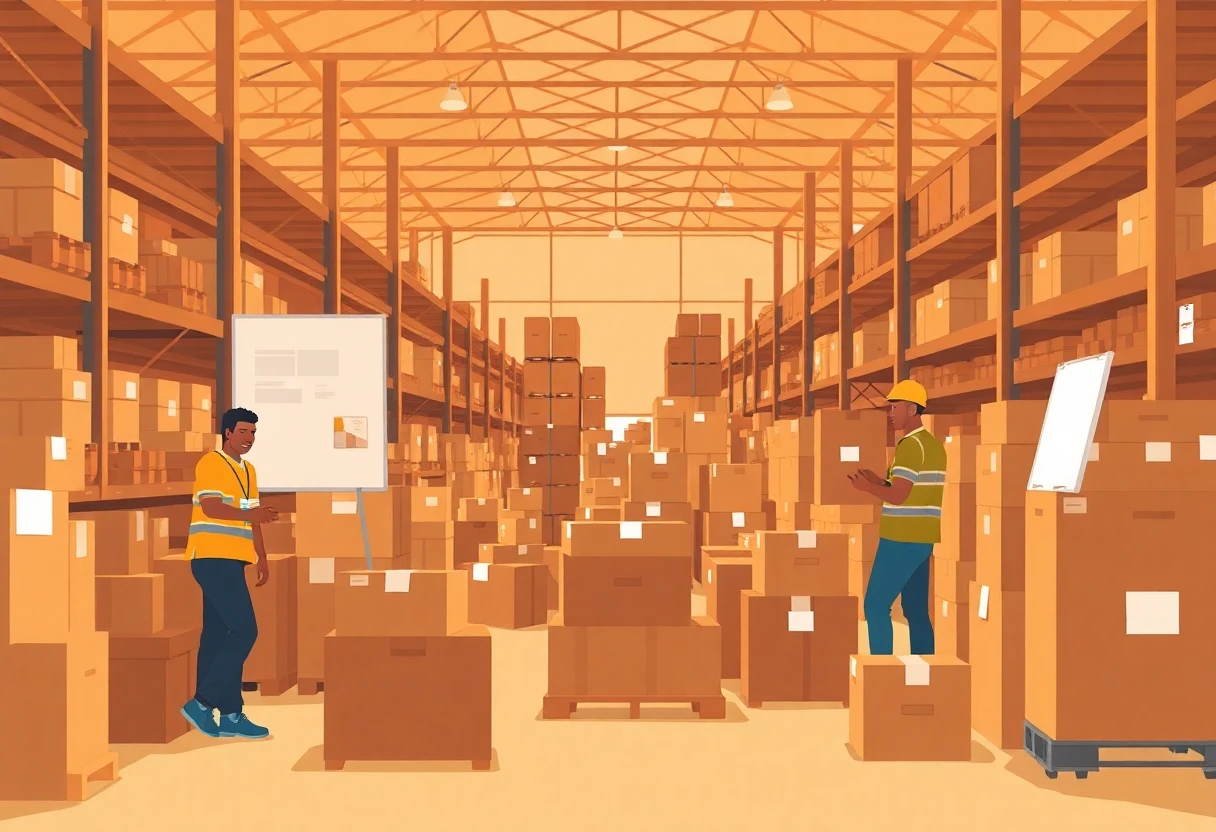 Warehouse workers organizing boxes