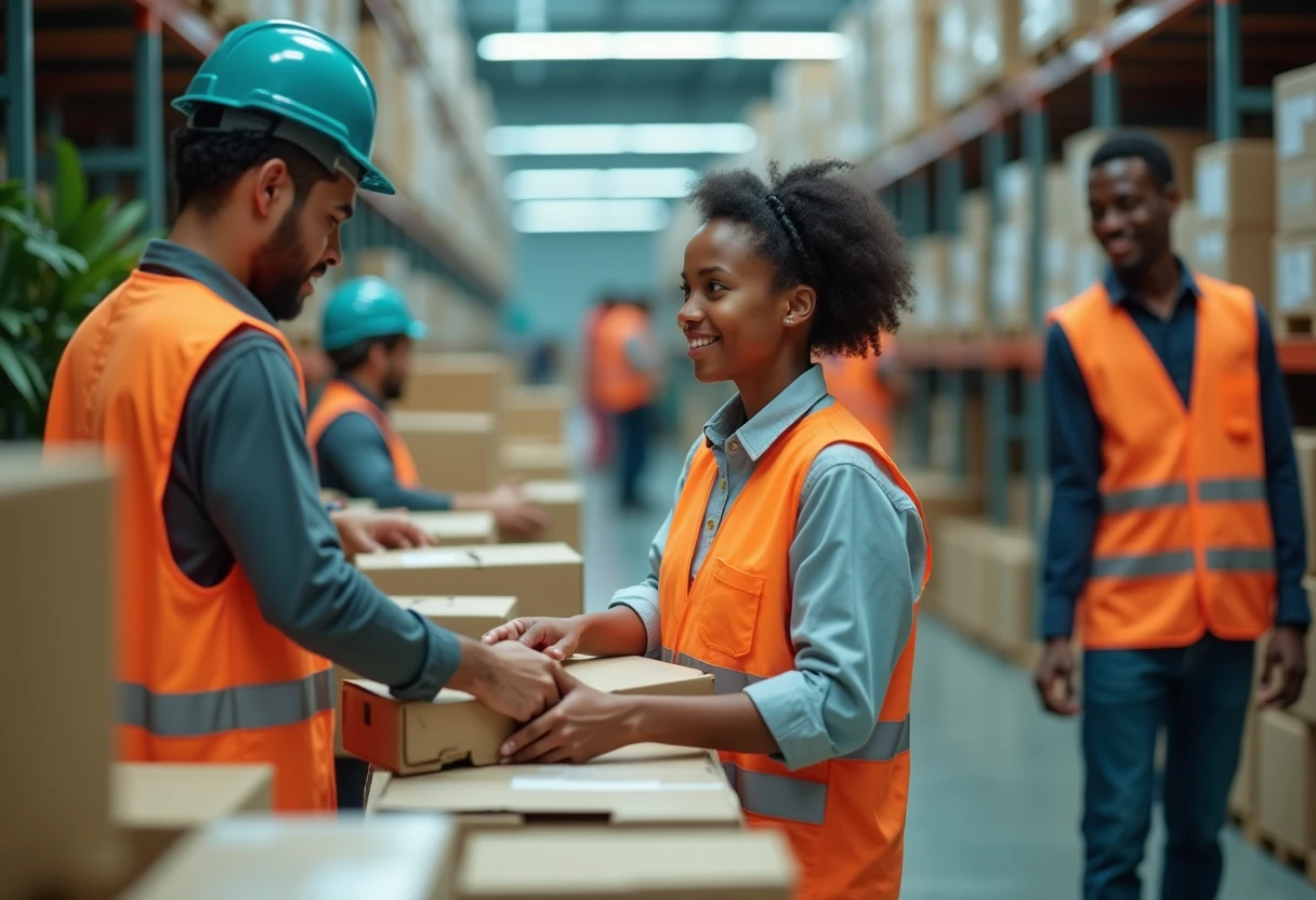 Warehouse workers organizing packages