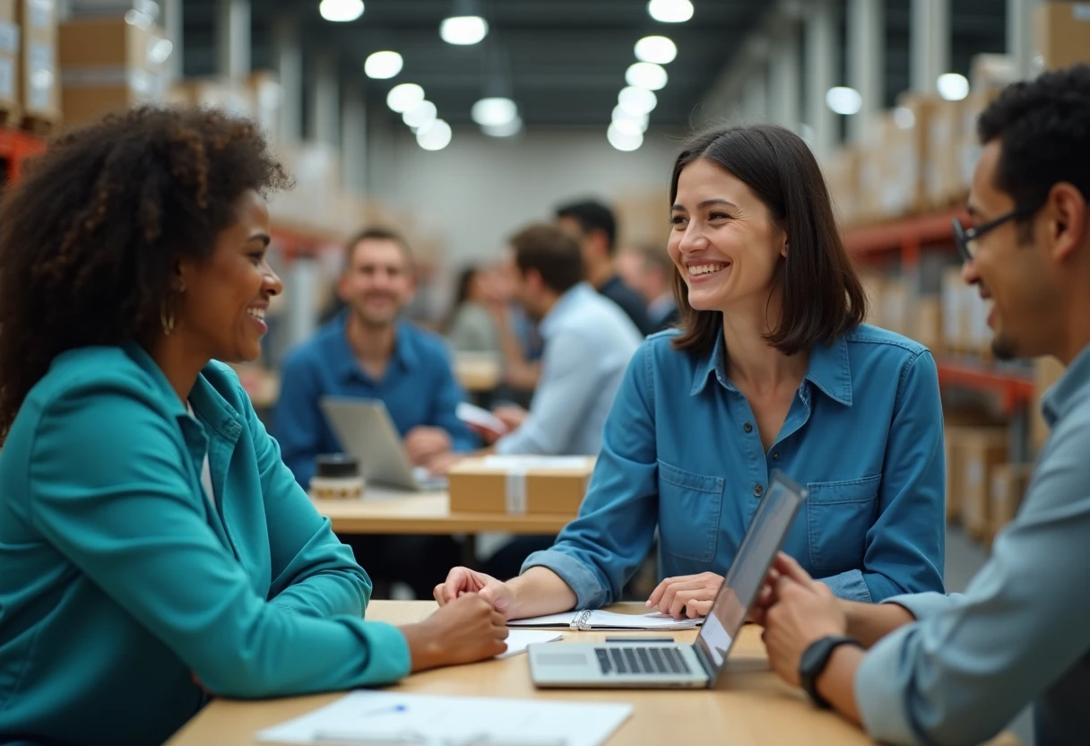 Warehouse team organizing inventory