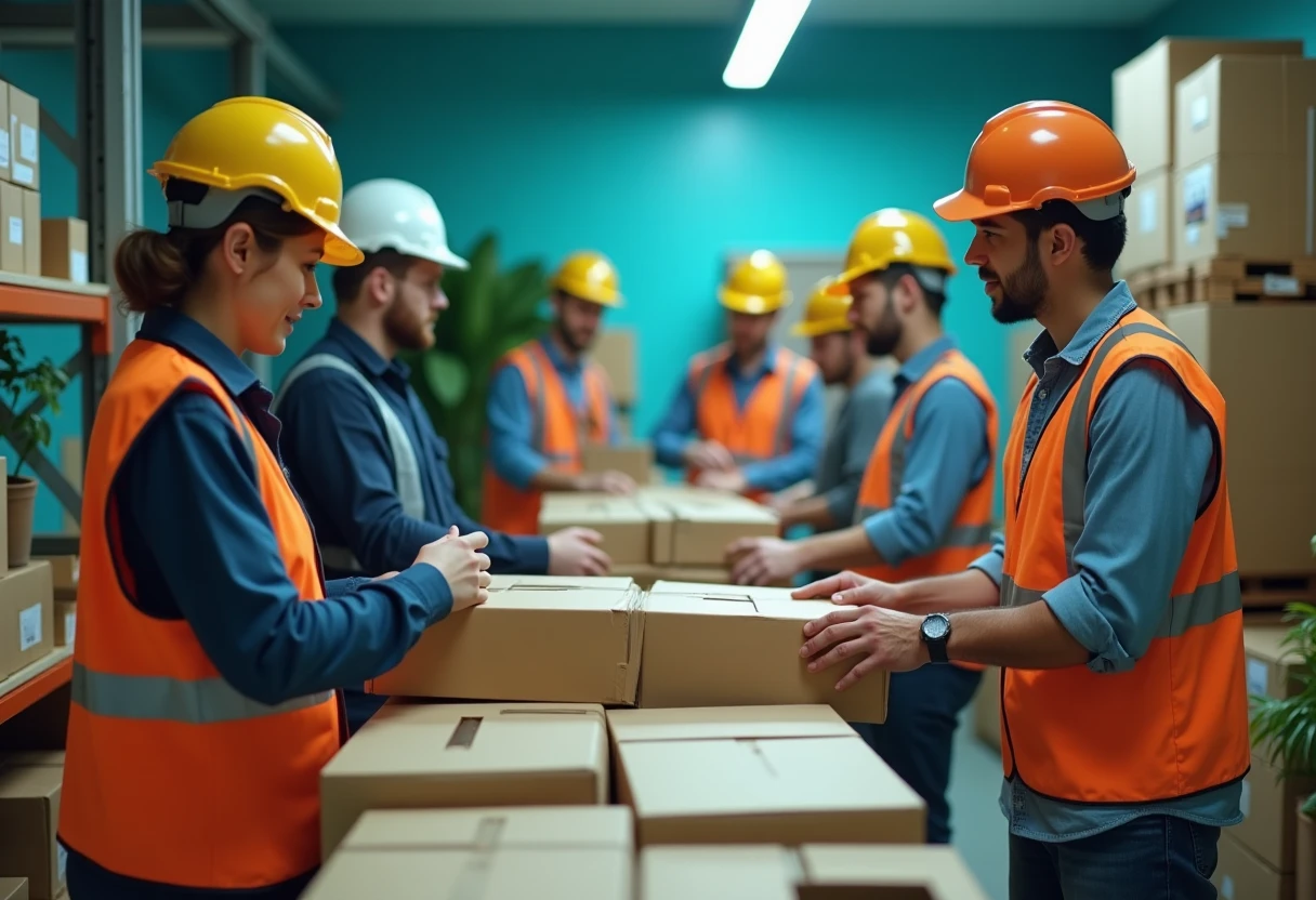Warehouse workers organizing inventory