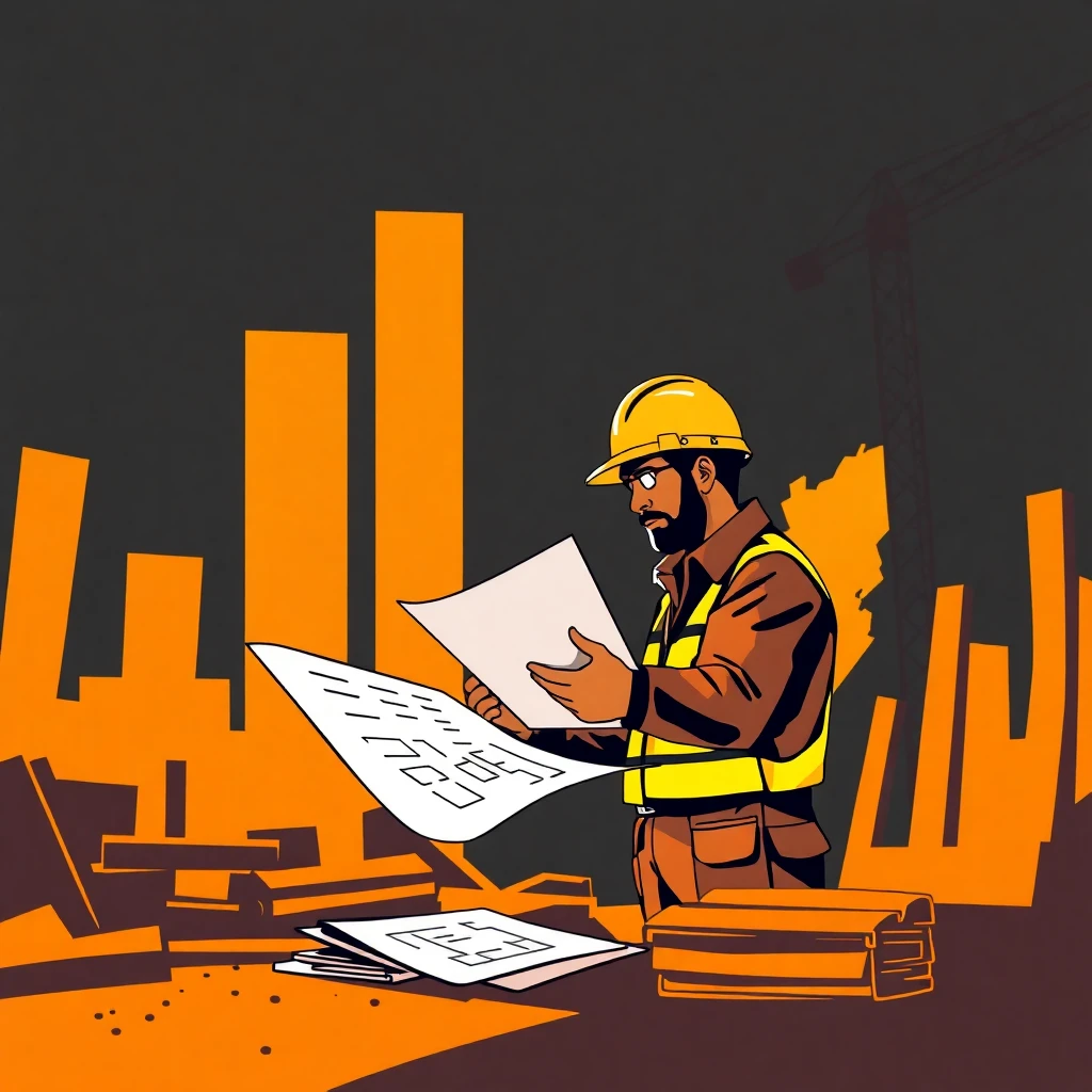 Trabajador de construcción revisando planos