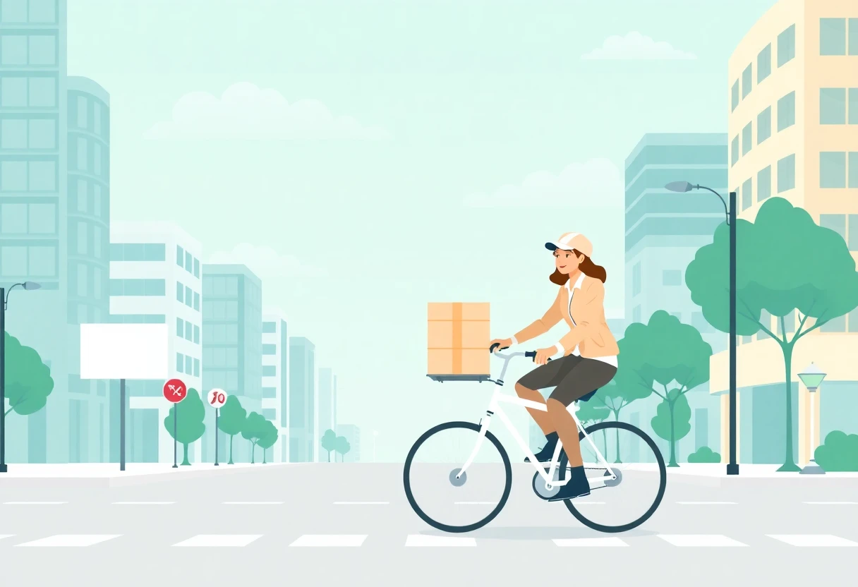 Repartidor en bicicleta en ciudad moderna