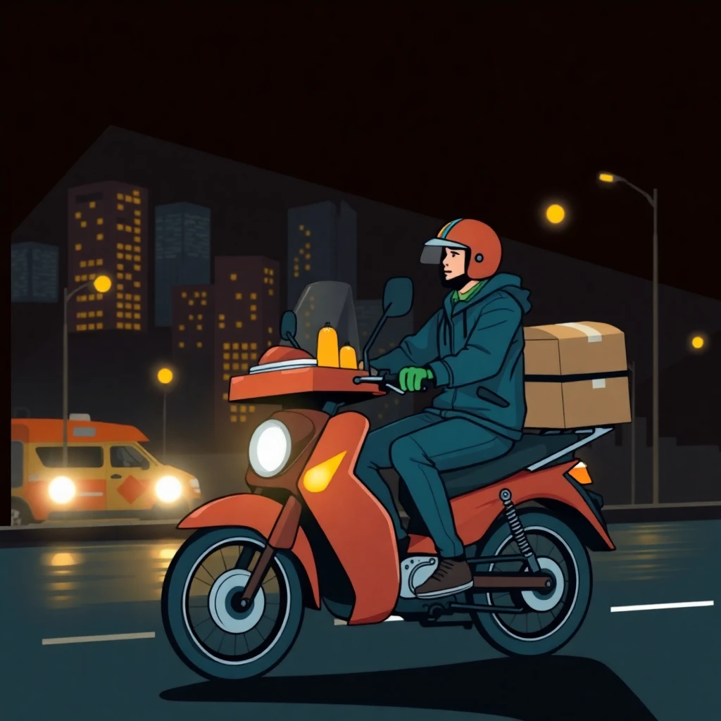 Repartidor en motocicleta por la noche