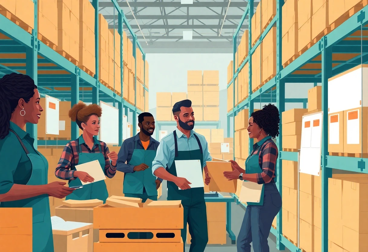 Trabajadores del almacén organizando productos