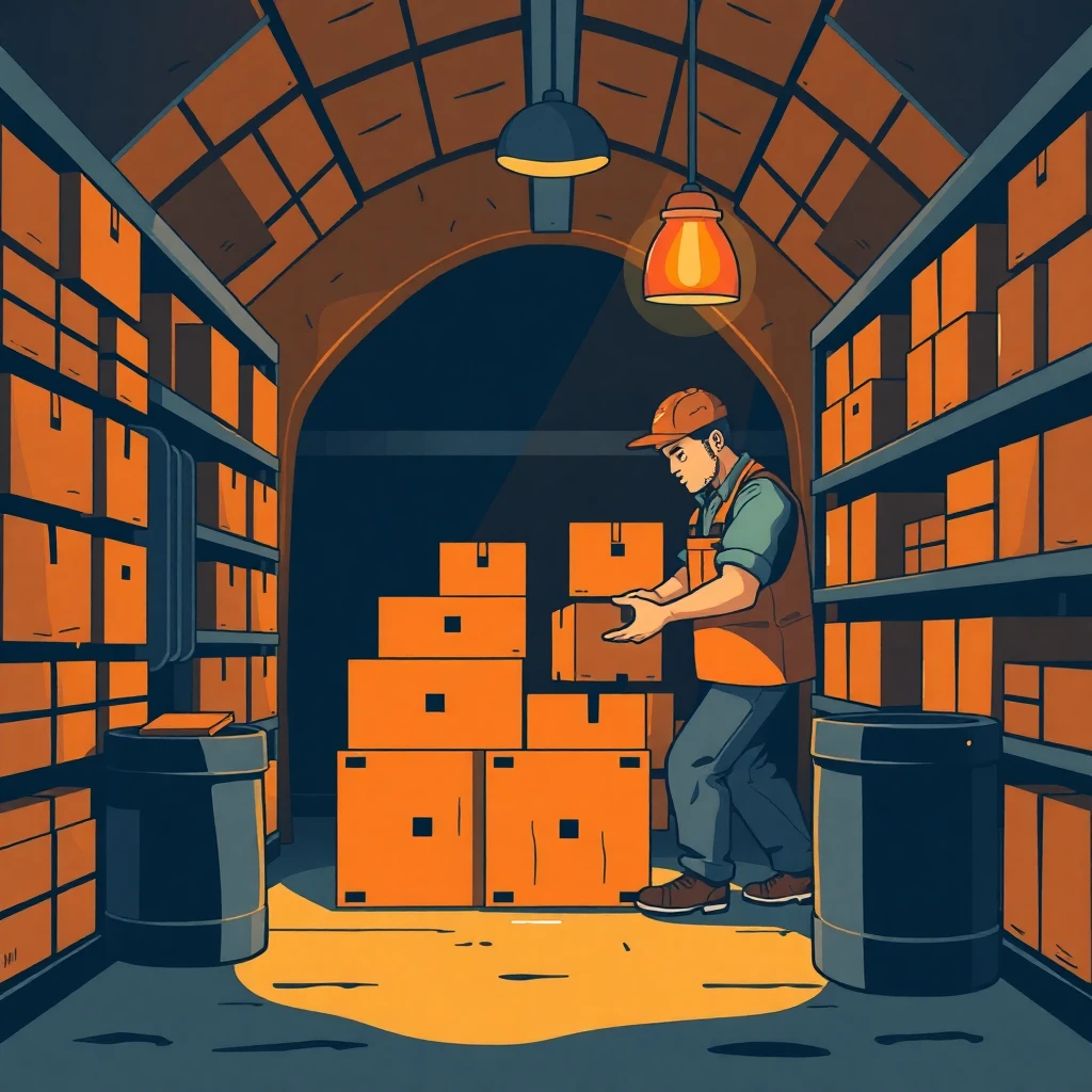 Trabajador de bodega usando montacargas