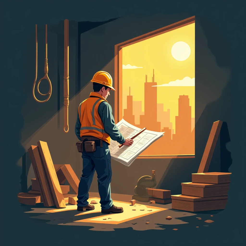 Trabajador de construcción revisando planos