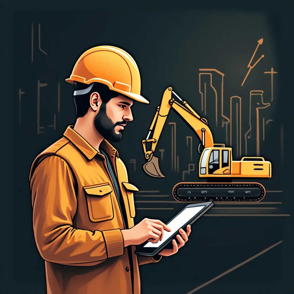 Trabajador de construcción con casco y tablet