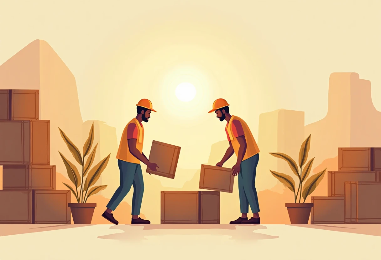 Trabalhadores em depósito organizando mercadorias