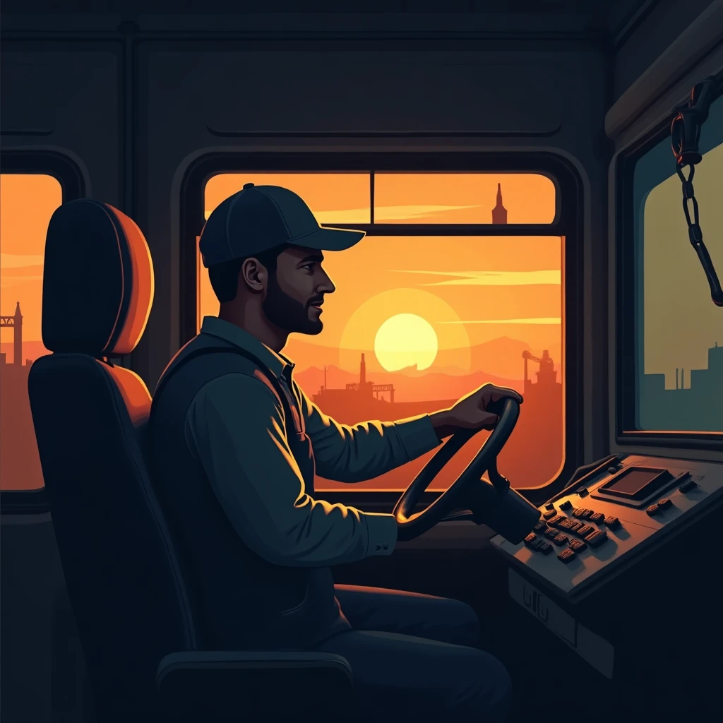 Train driver at sunset