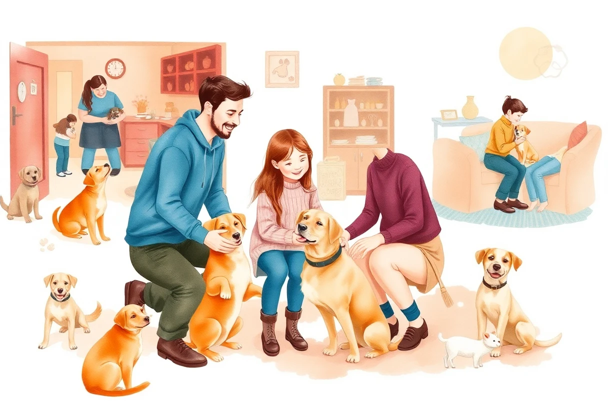 Family meeting a dog at a shelter
