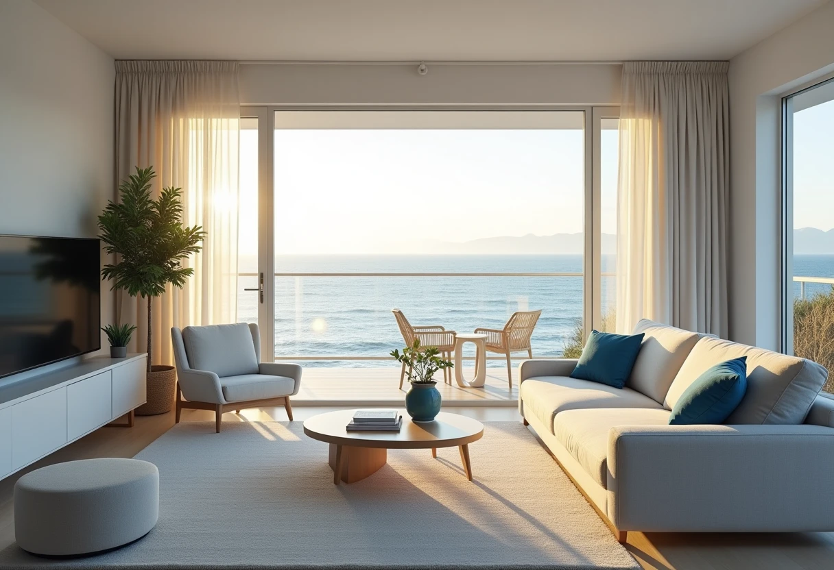 Intérieur d'appartement moderne avec vue sur l'océan