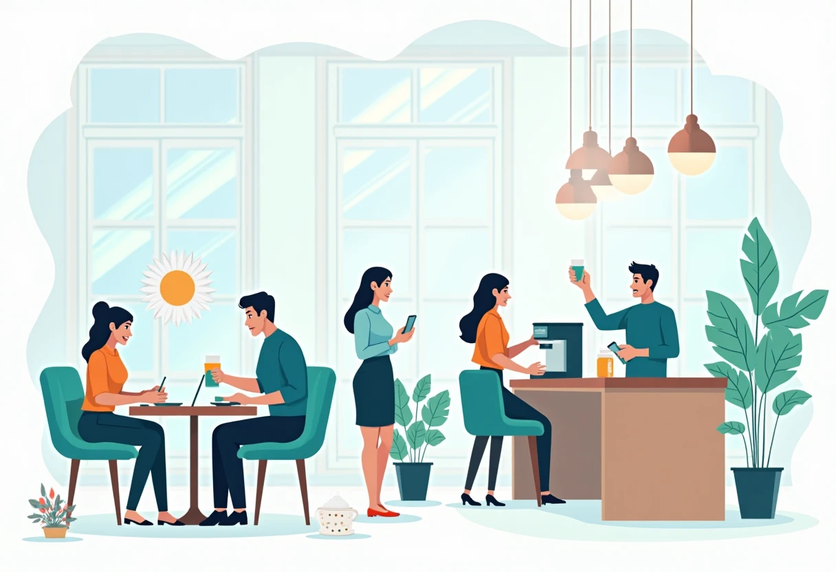 Dynamic cafe environment with staff and customers