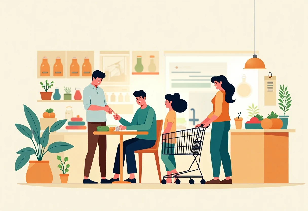 Familia revisando cupones de comida