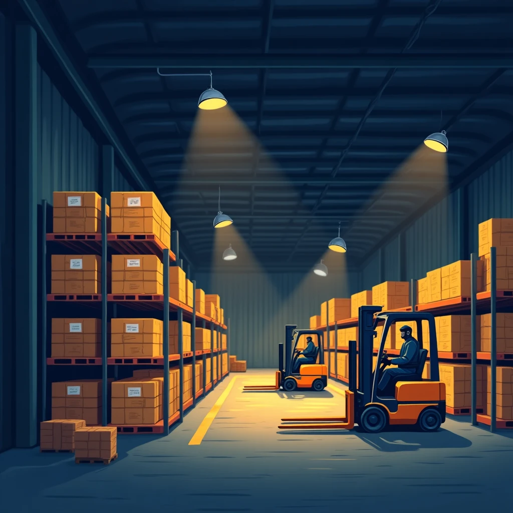 Warehouse night shift scene