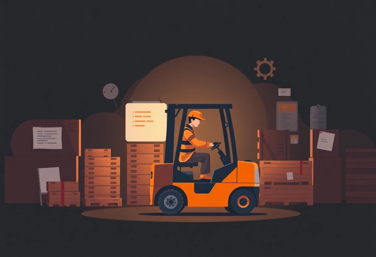 Warehouse worker operating forklift