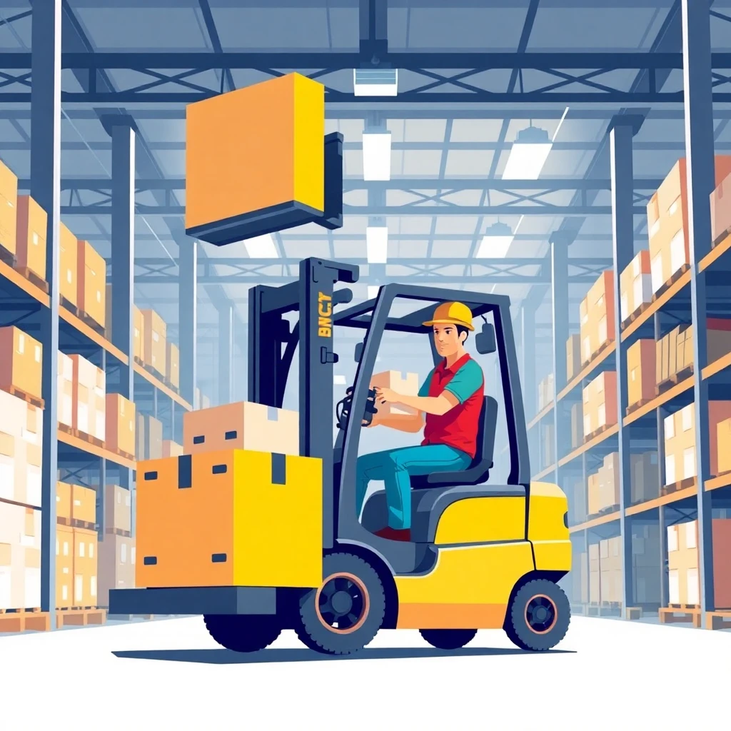 Warehouse worker operating forklift