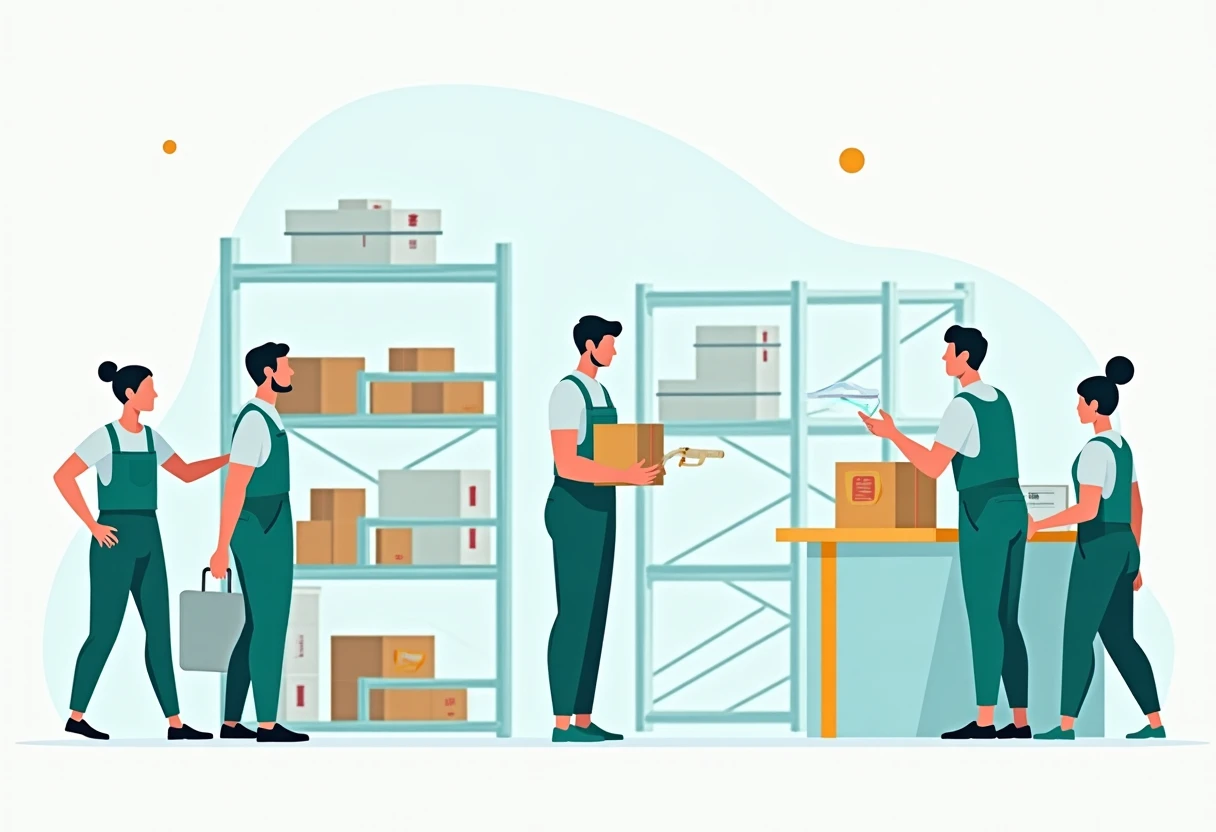 Warehouse workers organizing shelves