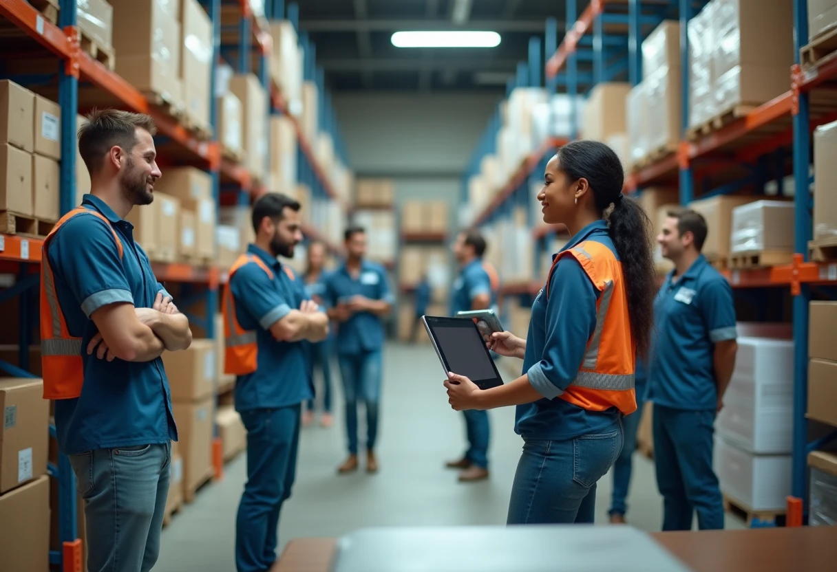 Warehouse team organizing inventory