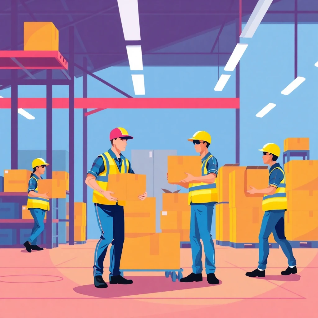 Warehouse workers handling packages