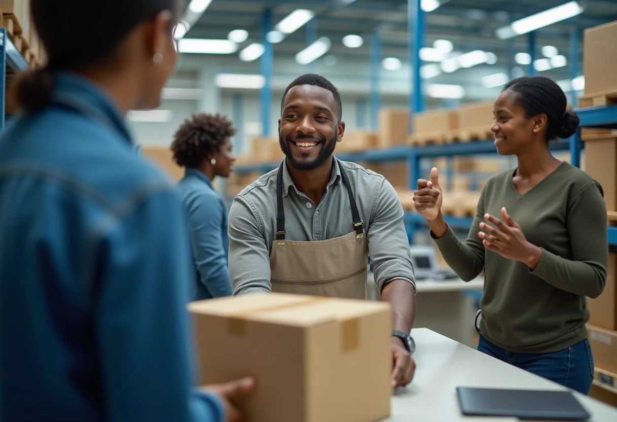 Warehouse workers collaborating