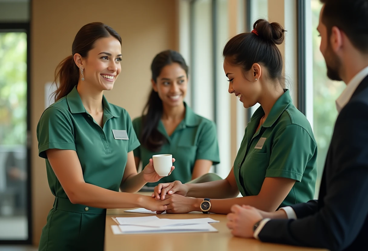 Engaged receptionists assisting clients