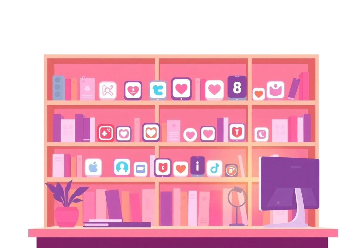 Diverse dating app options on a library shelf