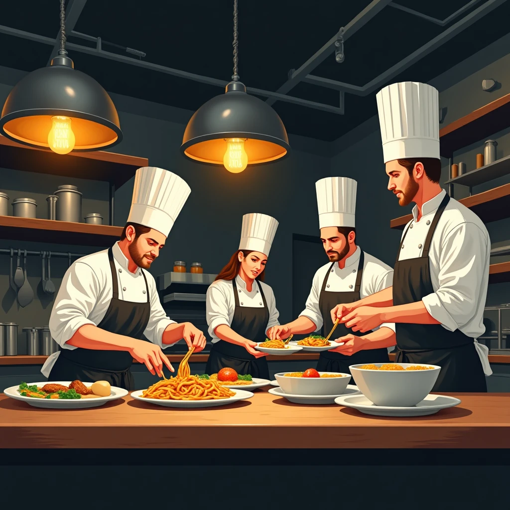 Chefs in a bustling restaurant kitchen