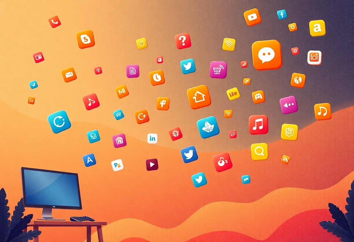 Digital app icons floating